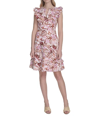 Eliza J Split V Neck Ruffle Trim Printed Poplin Shift Dress