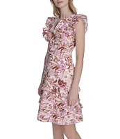 Eliza J Split V Neck Ruffle Trim Printed Poplin Shift Dress