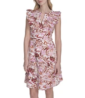 Eliza J Split V Neck Ruffle Trim Printed Poplin Shift Dress