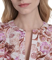 Eliza J Split V Neck Ruffle Trim Printed Poplin Shift Dress