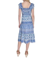 Eliza J Square Neck Ruffle Shoulder Smocked Bodice Printed Midi Dress