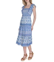 Eliza J Square Neck Ruffle Shoulder Smocked Bodice Printed Midi Dress