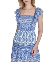 Eliza J Square Neck Ruffle Shoulder Smocked Bodice Printed Midi Dress