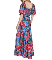 Eliza J Square Neck Short Puffed Sleeve Crepe Satin A-Line Tiered Dress