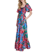 Eliza J Square Neck Short Puffed Sleeve Crepe Satin A-Line Tiered Dress