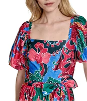 Eliza J Square Neck Short Puffed Sleeve Crepe Satin A-Line Tiered Dress