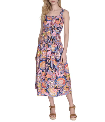 Eliza J Square Neck Sleeveless Smocked Printed Cotton Poplin Sundress