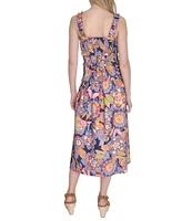 Eliza J Square Neck Sleeveless Smocked Printed Cotton Poplin Sundress