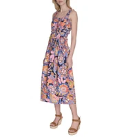 Eliza J Square Neck Sleeveless Smocked Printed Cotton Poplin Sundress