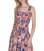 Eliza J Square Neck Sleeveless Smocked Printed Cotton Poplin Sundress