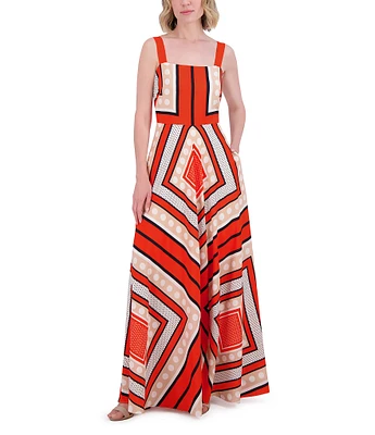 Eliza J Square Neck Sleeveless Stripe Scarf Print Crepe De Chine A-Line Maxi Dress