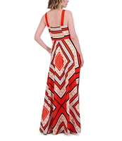 Eliza J Square Neck Sleeveless Stripe Scarf Print Crepe De Chine A-Line Maxi Dress