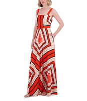 Eliza J Square Neck Sleeveless Stripe Scarf Print Crepe De Chine A-Line Maxi Dress