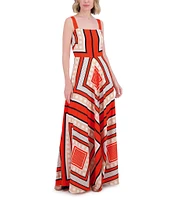 Eliza J Square Neck Sleeveless Stripe Scarf Print Crepe De Chine A-Line Maxi Dress