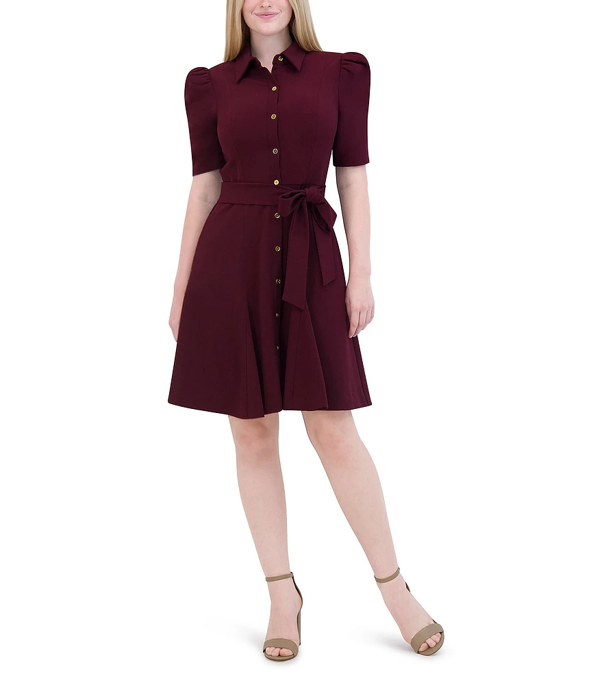 Eliza J Stretch Crepe Collar Neck Puff Elbow Sleeve Button Front Tie Waist Dress