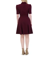 Eliza J Stretch Crepe Collar Neck Puff Elbow Sleeve Button Front Tie Waist Dress