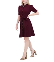 Eliza J Stretch Crepe Collar Neck Puff Elbow Sleeve Button Front Tie Waist Dress