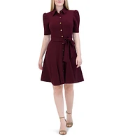 Eliza J Stretch Crepe Collar Neck Puff Elbow Sleeve Button Front Tie Waist Dress