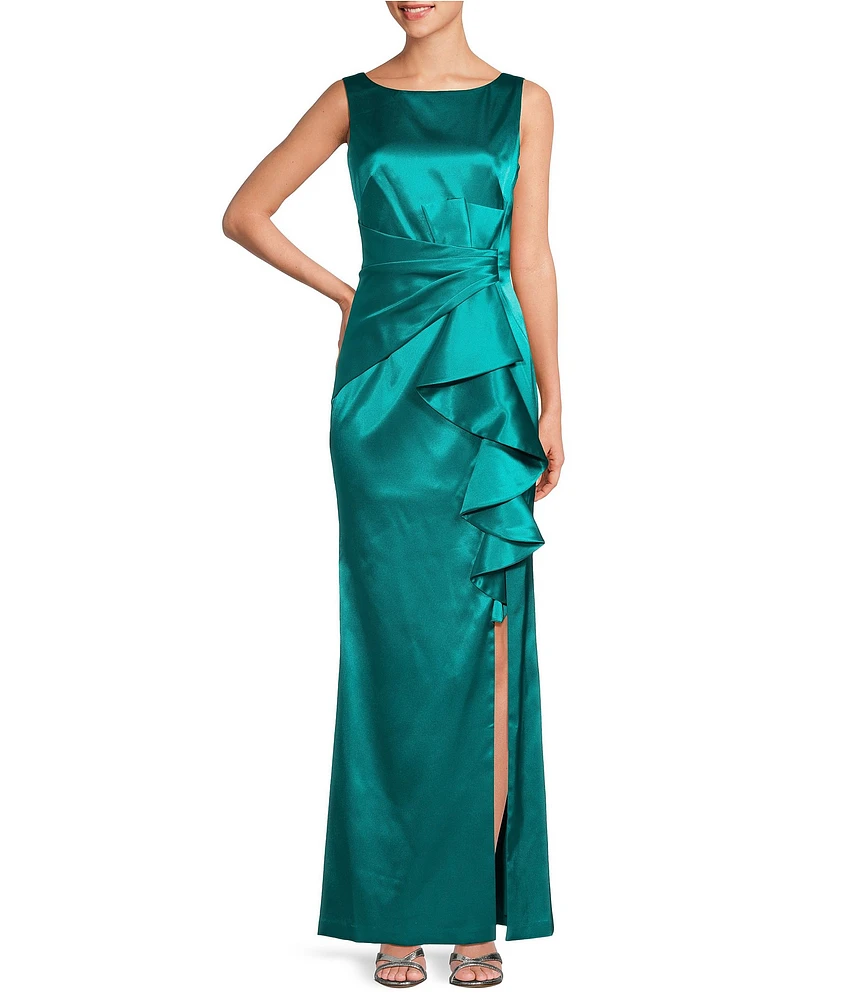 Eliza J Stretch Satin Boat Neck Sleeveless Cascading Ruffle Side Slit Gown