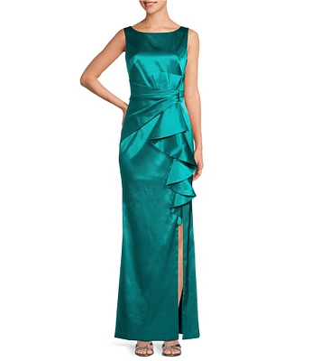 Eliza J Stretch Satin Boat Neck Sleeveless Cascading Ruffle Side Slit Gown