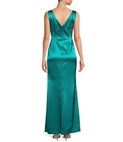 Eliza J Stretch Satin Boat Neck Sleeveless Cascading Ruffle Side Slit Gown