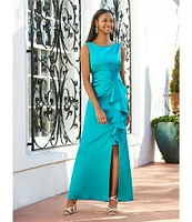 Eliza J Stretch Satin Boat Neck Sleeveless Cascading Ruffle Side Slit Gown