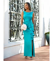 Eliza J Stretch Satin Boat Neck Sleeveless Cascading Ruffle Side Slit Gown