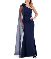 Eliza J Stretch Scuba One Shoulder Organza Flower Cape Pleated Mermaid Gown