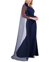 Eliza J Stretch Scuba One Shoulder Organza Flower Cape Pleated Mermaid Gown