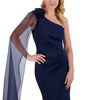 Eliza J Stretch Scuba One Shoulder Organza Flower Cape Pleated Mermaid Gown
