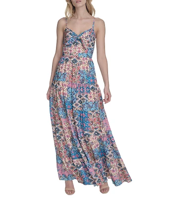 Eliza J Sweetheart Tie Front Patchwork Print Crepe De Chine Maxi Dress