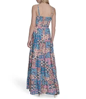 Eliza J Sweetheart Tie Front Patchwork Print Crepe De Chine Maxi Dress