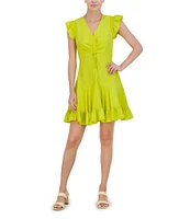 Eliza J Textured Crepe V-Neck Ruffle Sleeve Ruched Bodice Tiered Skirt Mini Dress