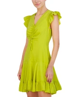 Eliza J Textured Crepe V-Neck Ruffle Sleeve Ruched Bodice Tiered Skirt Mini Dress