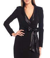 Eliza J Tuxedo Wrap Surplice V-Neck Scuba Crepe Tie Waist Long Sleeve Front Slit Gown