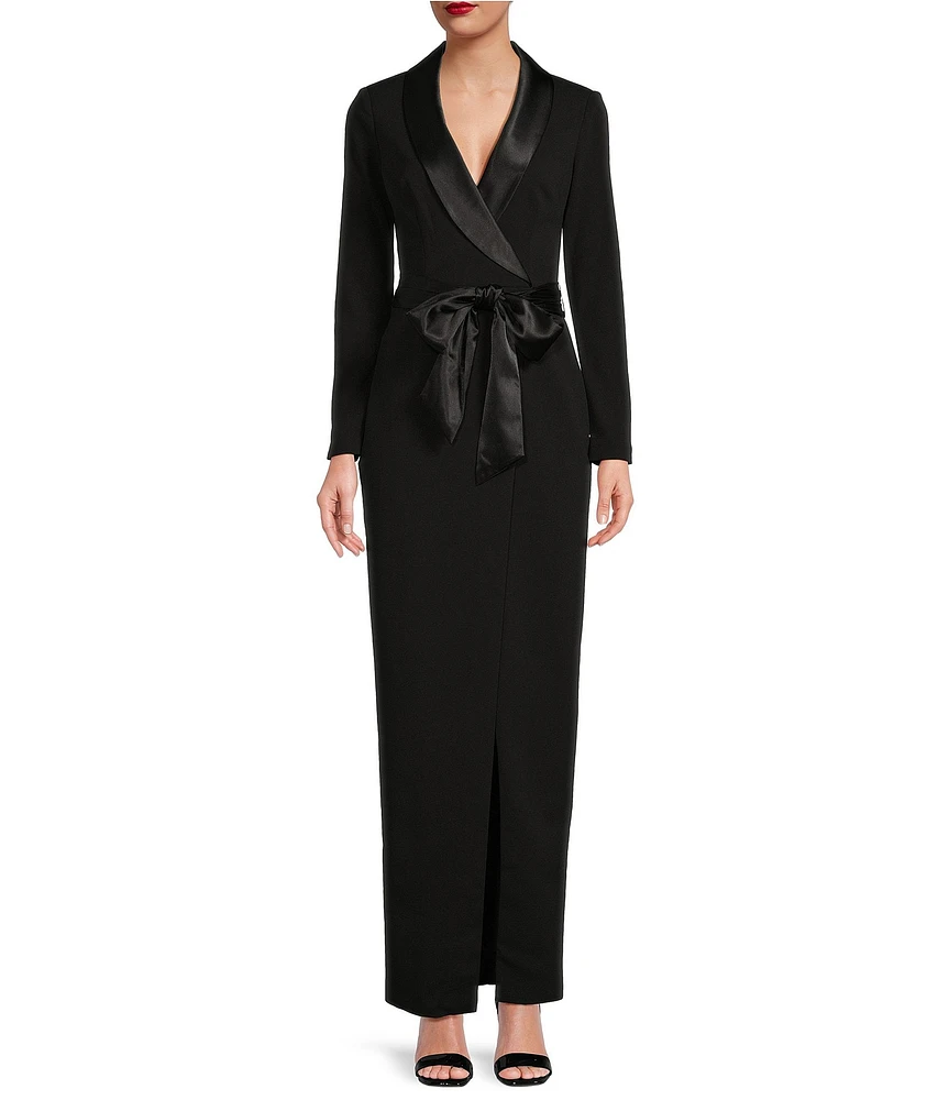 Eliza J Tuxedo Wrap Surplice V-Neck Scuba Crepe Tie Waist Long Sleeve Front Slit Gown