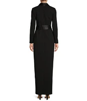 Eliza J Tuxedo Wrap Surplice V-Neck Scuba Crepe Tie Waist Long Sleeve Front Slit Gown