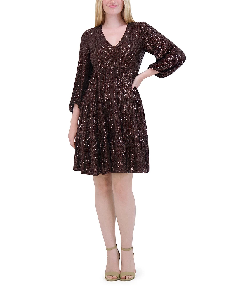 Eliza J V-Neck 3/4 Balloon Sleeve Sequin Tiered Trapeze Dress