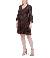 Eliza J V-Neck 3/4 Balloon Sleeve Sequin Tiered Trapeze Dress