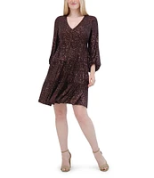 Eliza J V-Neck 3/4 Balloon Sleeve Sequin Tiered Trapeze Dress