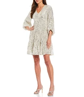 Eliza J V-Neck 3/4 Balloon Sleeve Sequin Tiered Trapeze Dress