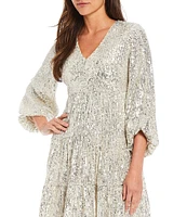 Eliza J V-Neck 3/4 Balloon Sleeve Sequin Tiered Trapeze Dress