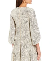 Eliza J V-Neck 3/4 Balloon Sleeve Sequin Tiered Trapeze Dress