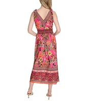 Eliza J V-neck Bow Shoulder Floral Print Smocked Waist Midi Dress