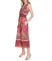 Eliza J V-neck Bow Shoulder Floral Print Smocked Waist Midi Dress