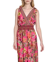 Eliza J V-neck Bow Shoulder Floral Print Smocked Waist Midi Dress