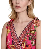Eliza J V-neck Bow Shoulder Floral Print Smocked Waist Midi Dress