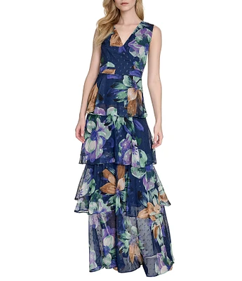 Eliza J V-Neck Sleeveless Floral Print Metallic Clip Dot Chiffon Tiered Maxi Dress