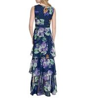 Eliza J V-Neck Sleeveless Floral Print Metallic Clip Dot Chiffon Tiered Maxi Dress