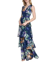 Eliza J V-Neck Sleeveless Floral Print Metallic Clip Dot Chiffon Tiered Maxi Dress